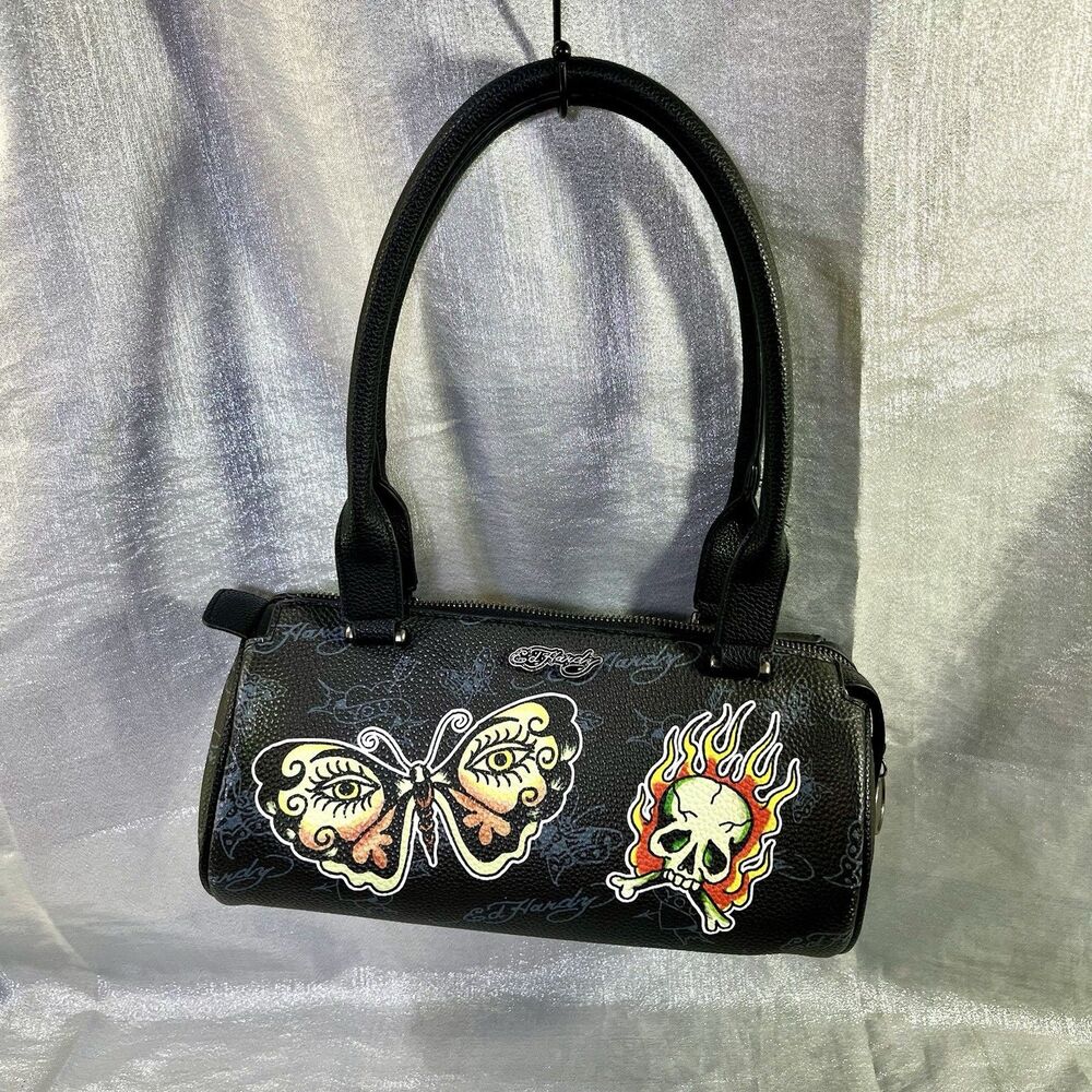 ED HARDY Streetwear Barrel Bag Purse Tattoo Print Butterfly Skull Flames *HOT*
